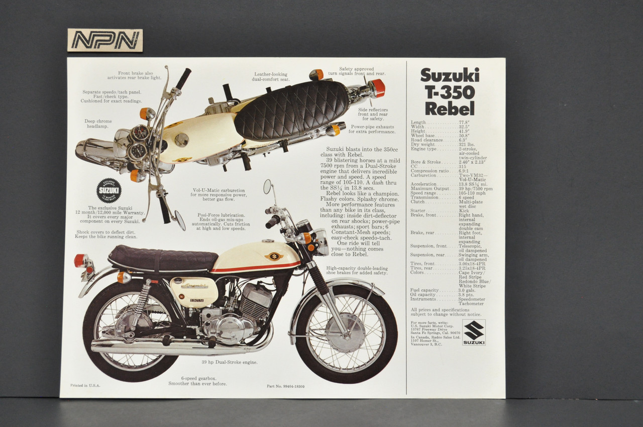 Vintage NOS 1969-70 Suzuki T350 Rebel Motorcycle Brochure Dealer Specs OEM