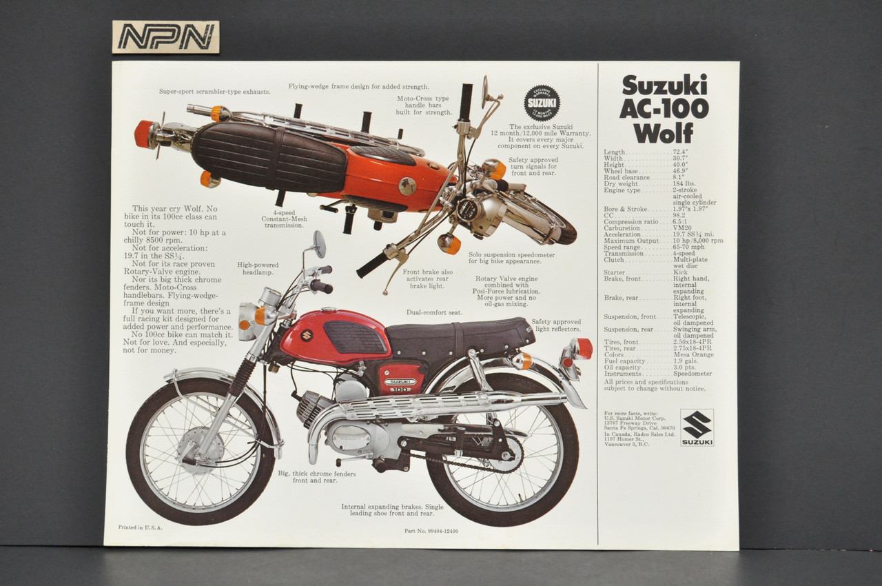 Vintage NOS 1969-70 Suzuki AC100 Wolf Motorcycle Brochure Dealer Specs OEM