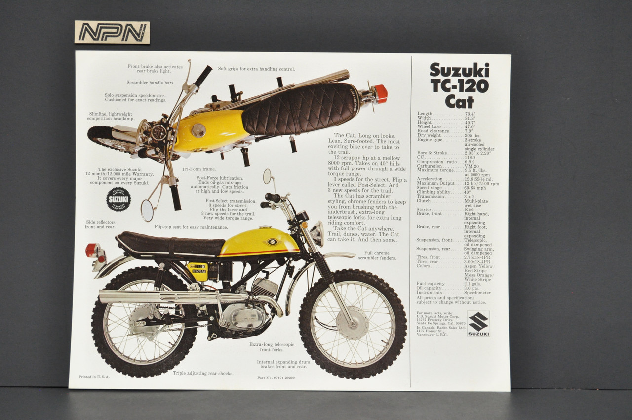 Vintage NOS 1969-70 Suzuki TC120 Cat Motorcycle Brochure Dealer Specs OEM