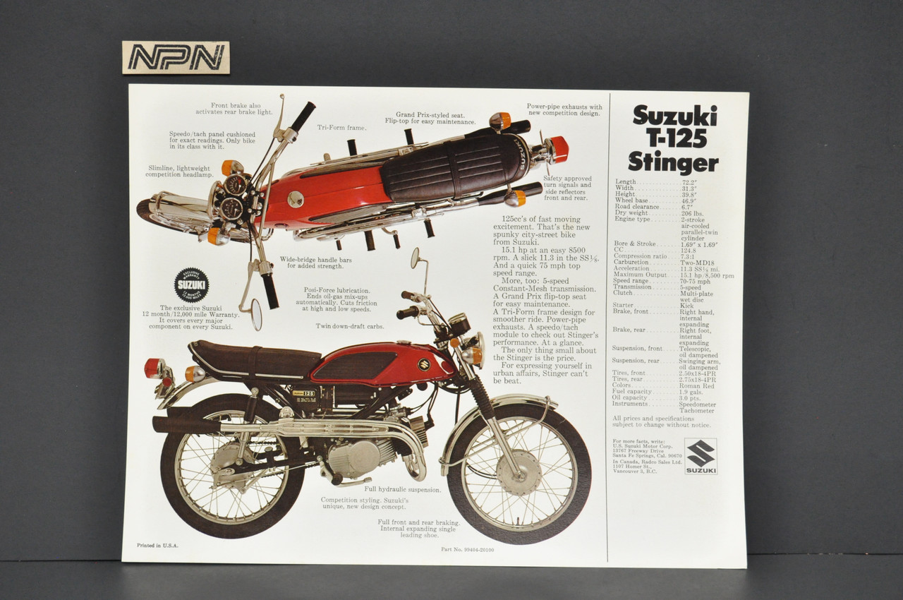 Vintage NOS 1969-70 Suzuki T125 Stinger Motorcycle Brochure Dealer Specs OEM