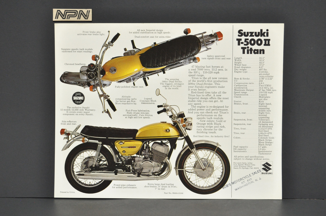 Vintage NOS 1969-70 Suzuki T500 II Titan Motorcycle Brochure Dealer Specs OEM