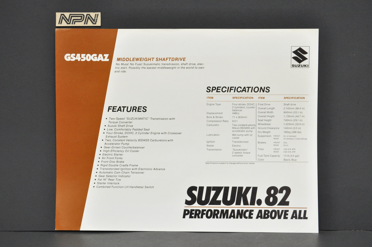 Vintage NOS 1982 Suzuki GS450 GAZ GS450 GA Suzimatic Brochure Dealer Specs OEM