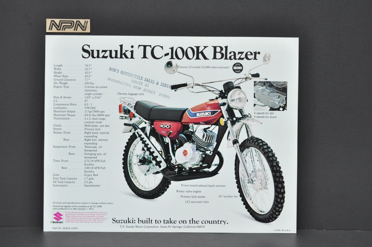 Vintage NOS 1973 Suzuki TS100 K Honcho TC100 K Blazer Brochure Dealer Specs OEM