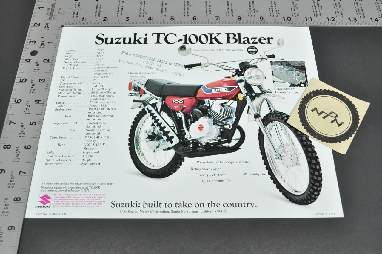 Vintage NOS 1973 Suzuki TS100 K Honcho TC100 K Blazer Brochure Dealer Specs OEM