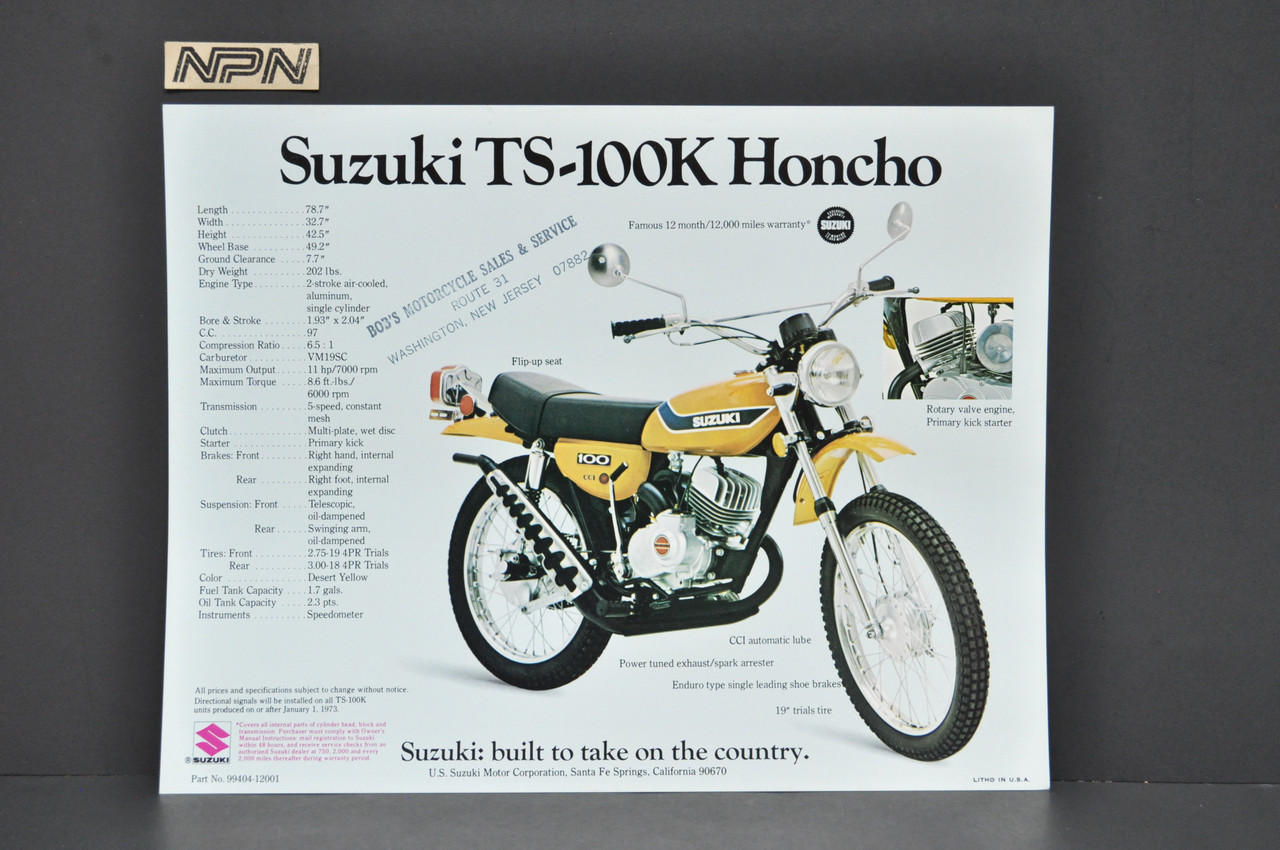 Vintage NOS 1973 Suzuki TS100 K Honcho TC100 K Blazer Brochure Dealer Specs OEM