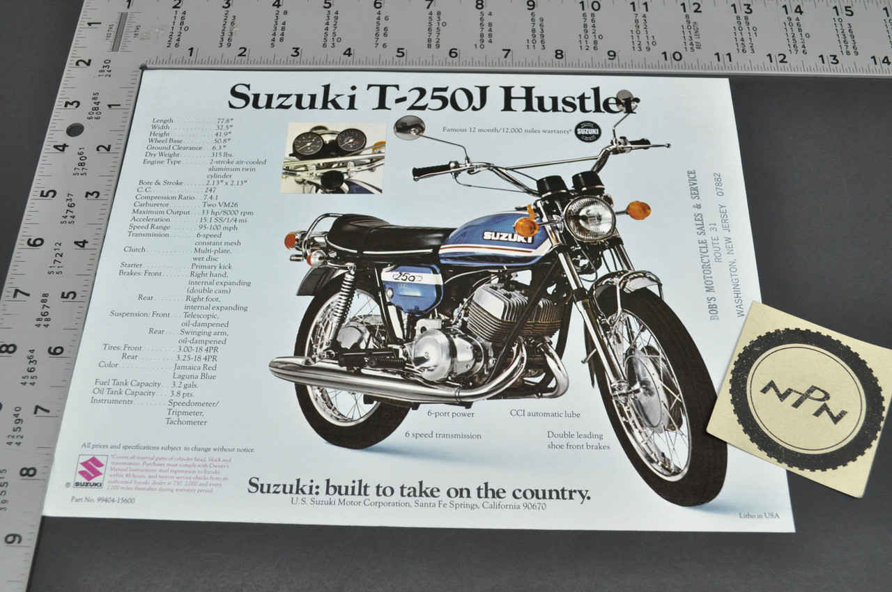 Vintage NOS 1973 Suzuki T500 J Titan Suzuki T250 J Hustler Brochure Dealer Specs