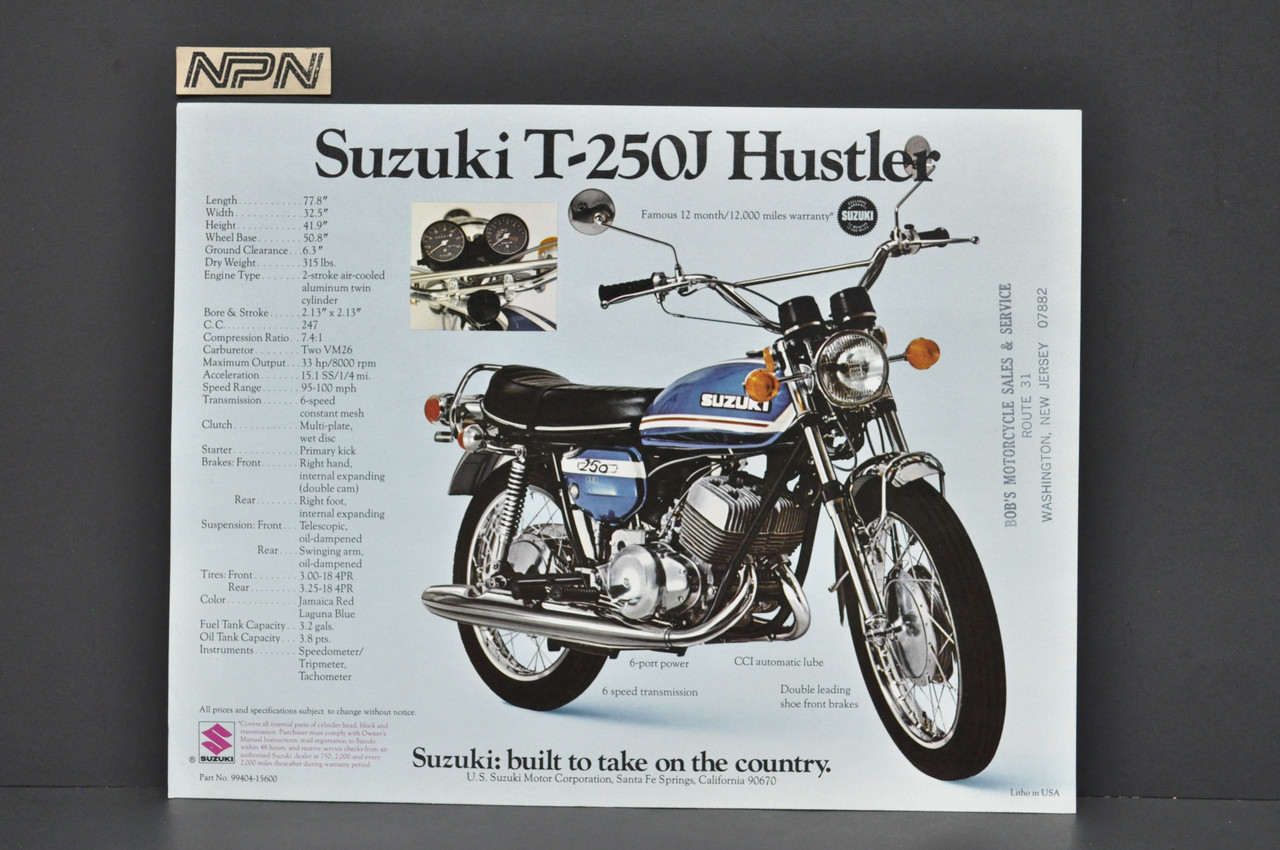 Vintage NOS 1973 Suzuki T500 J Titan Suzuki T250 J Hustler Brochure Dealer Specs