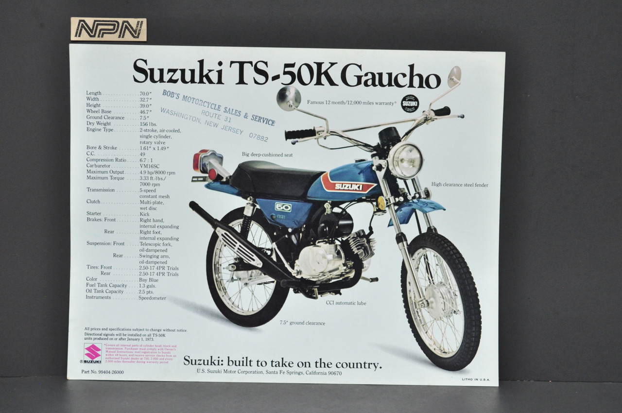 Vintage NOS 1973 Suzuki MT50 K Trailhopper TS50 K Gaucho Brochure Dealer Specs OEM