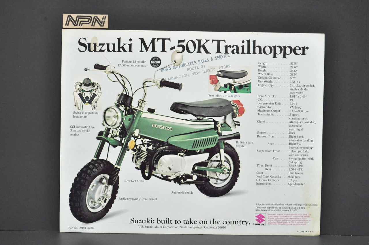 Vintage NOS 1973 Suzuki MT50 K Trailhopper TS50 K Gaucho Brochure Dealer Specs OEM