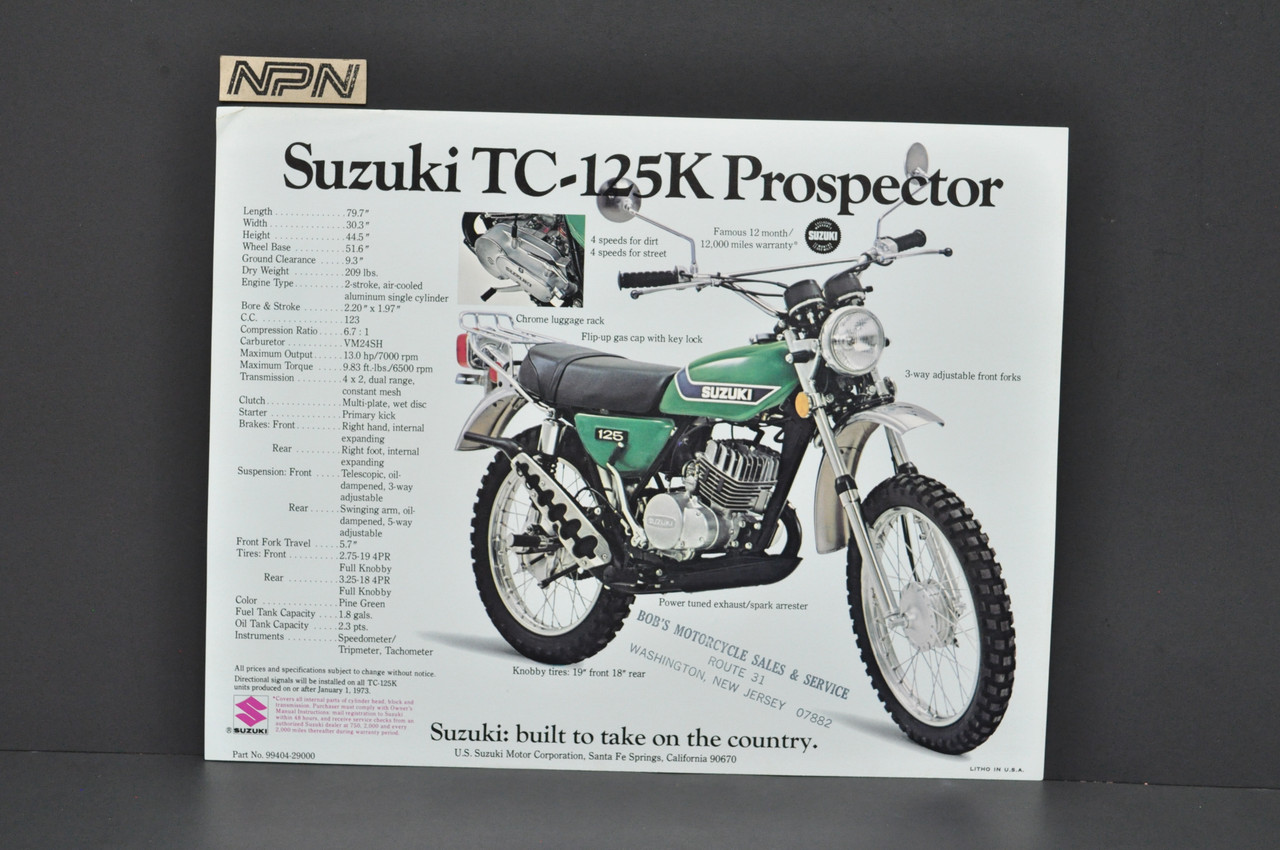 Vintage NOS 1973 Suzuki TS185 K Sierra TC125 K Prospector Brochure Dealer Specs OEM