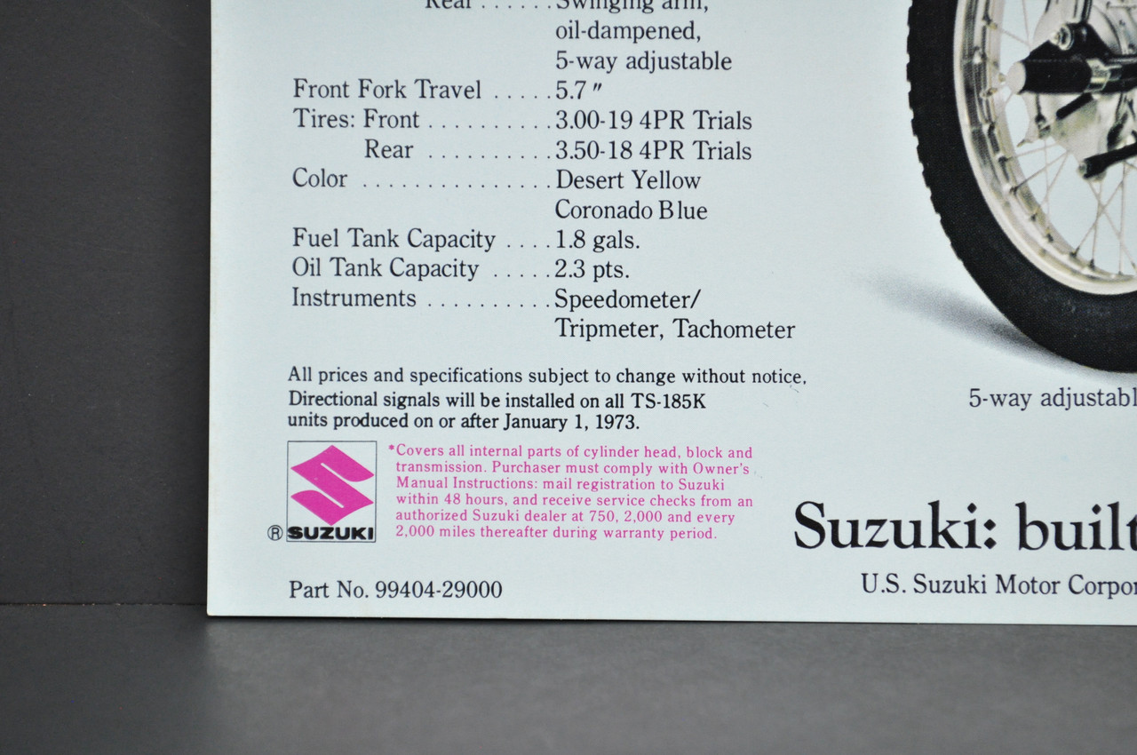 Vintage NOS 1973 Suzuki TS185 K Sierra TC125 K Prospector Brochure Dealer Specs OEM