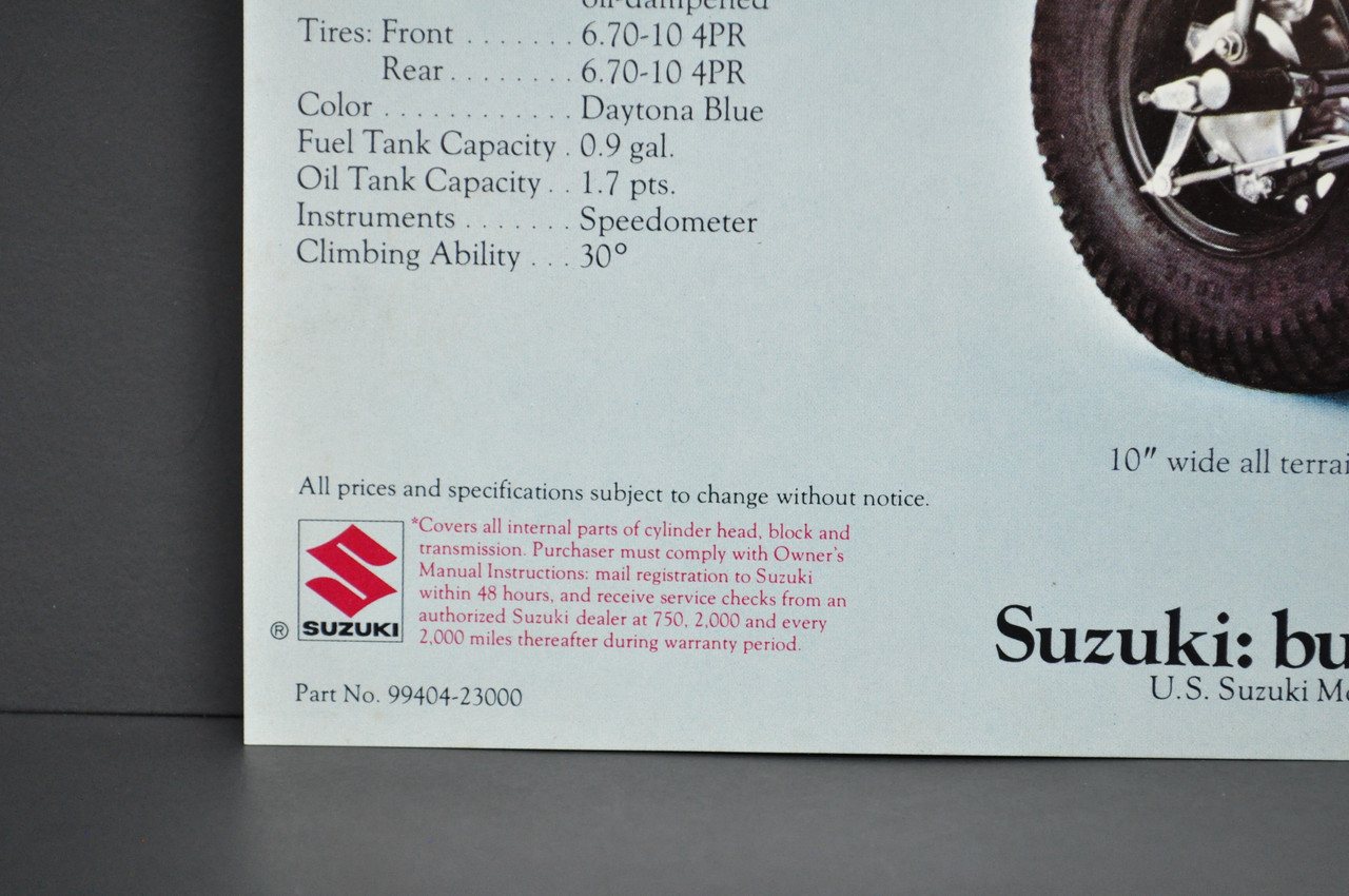 Vintage NOS 1972 Suzuki TS185 J Sierra RV90 J Rover Brochure Dealer Specs OEM