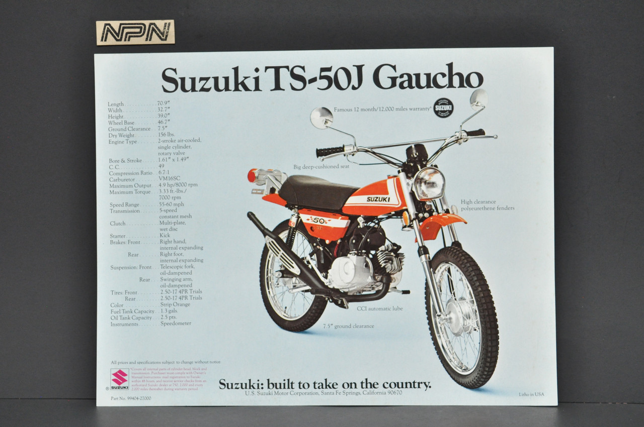 Vintage NOS 1972 Suzuki TS50 J Gaucho MT50 J Trailhopper Brochure Dealer Specs