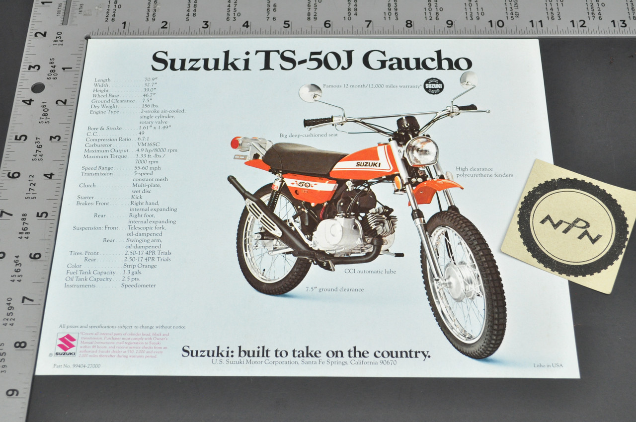 Vintage NOS 1972 Suzuki TS50 J Gaucho MT50 J Trailhopper Brochure Dealer Specs
