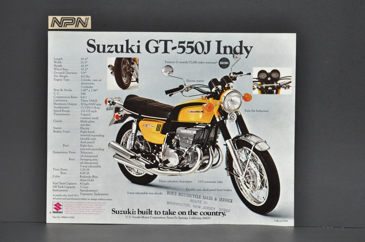 Vintage NOS 1972 Suzuki GT750 J LeMans GT550 J Indy Brochure Dealer Specs OEM