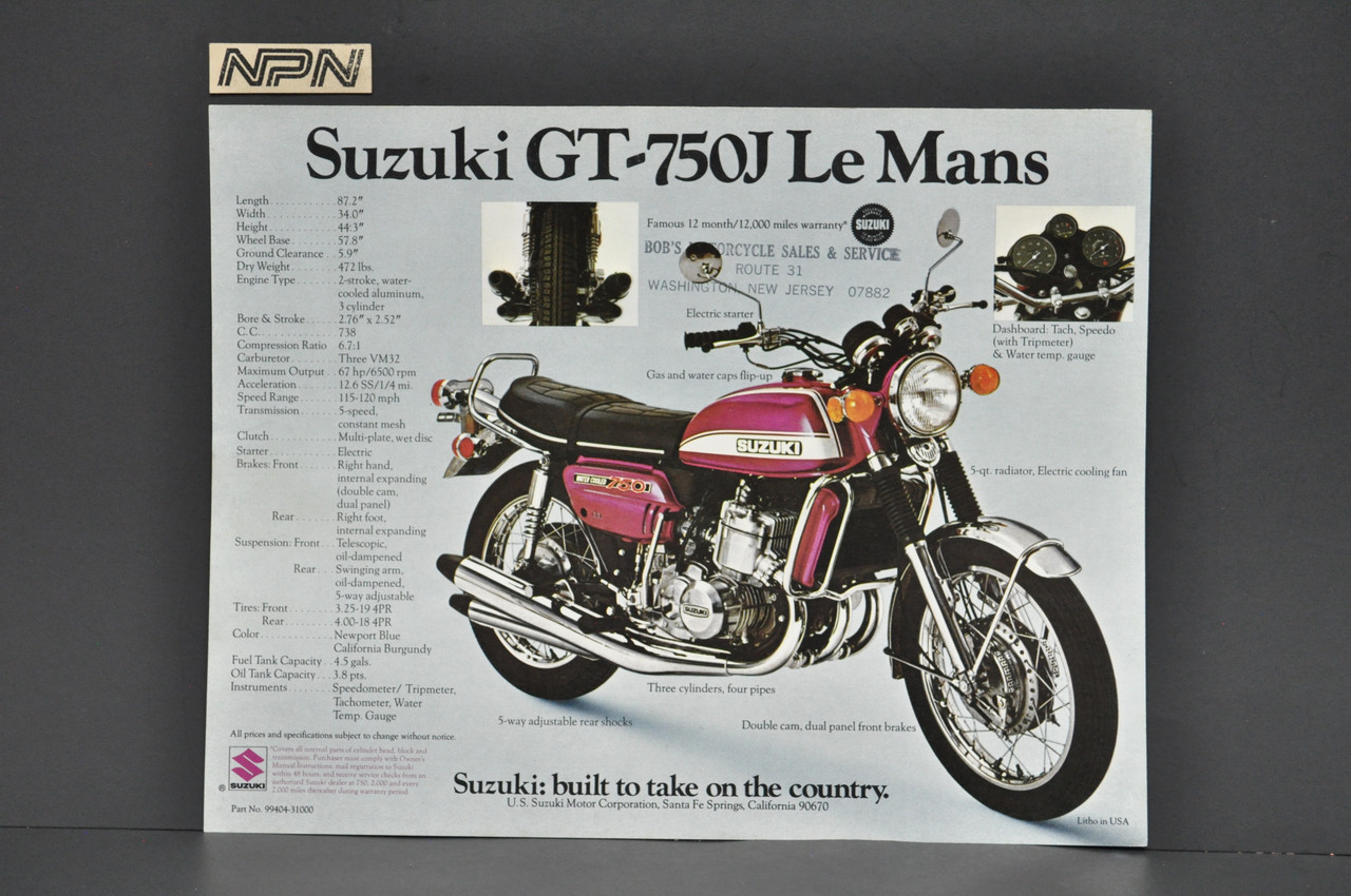 Vintage NOS 1972 Suzuki GT750 J LeMans GT550 J Indy Brochure Dealer Specs OEM