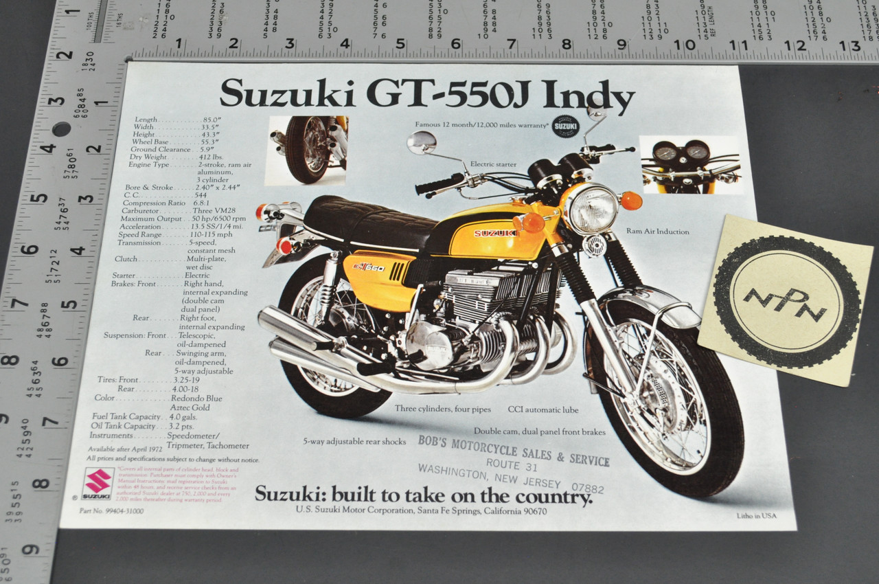 Vintage NOS 1972 Suzuki GT750 J LeMans GT550 J Indy Brochure Dealer Specs OEM