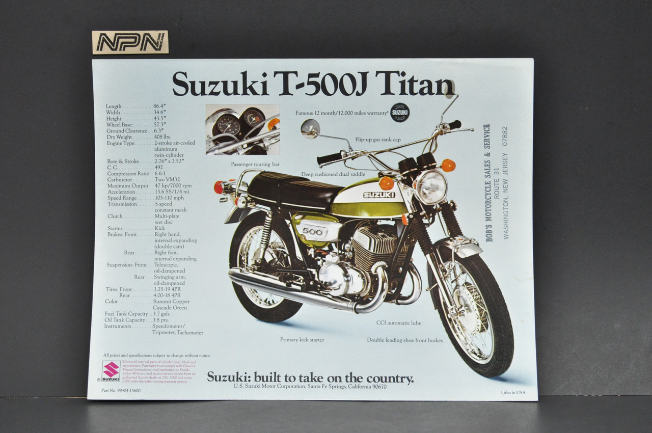Vintage NOS 1972 Suzuki T500 J Titan T250 J Hustler Brochure Dealer Specs OEM
