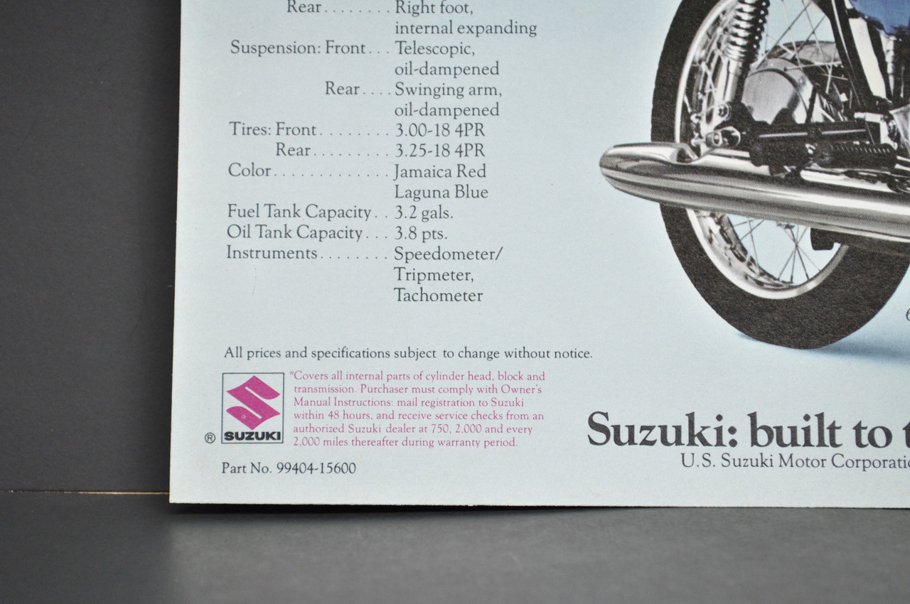 Vintage NOS 1972 Suzuki T500 J Titan T250 J Hustler Brochure Dealer Specs OEM