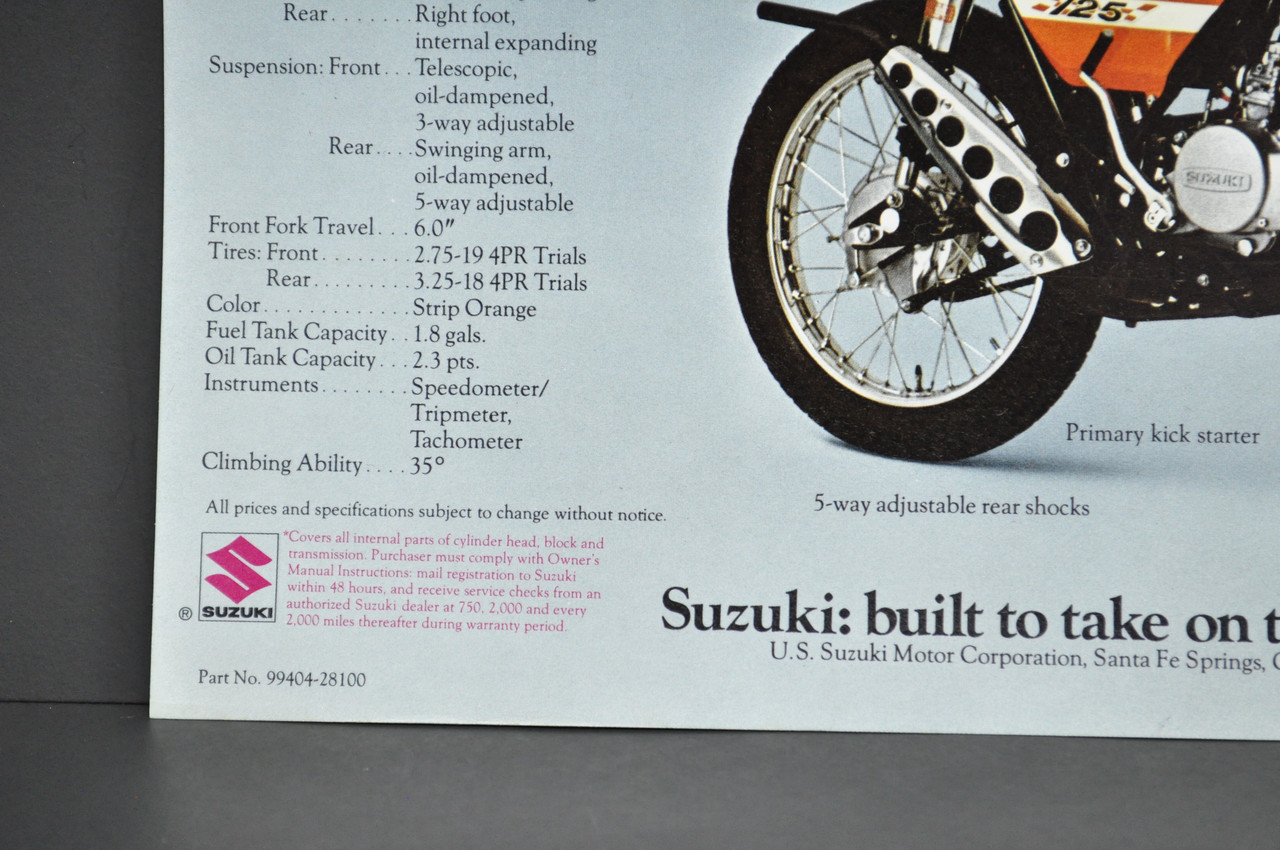 Vintage NOS 1972 Suzuki TS125 J Duster TC125 J Prospector Brochure Dealer Stamp