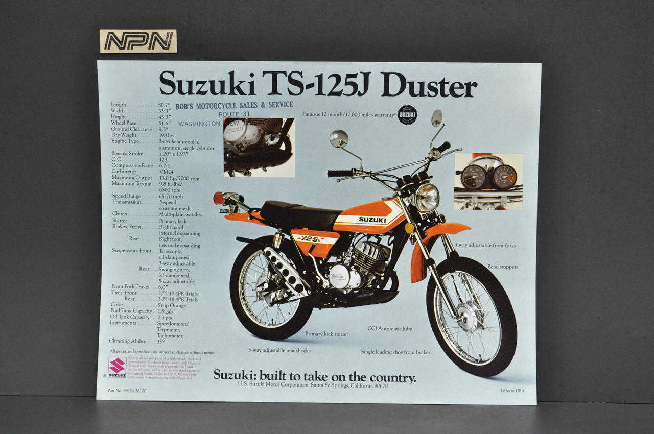 Vintage NOS 1972 Suzuki TS125 J Duster TC125 J Prospector Brochure Dealer Stamp