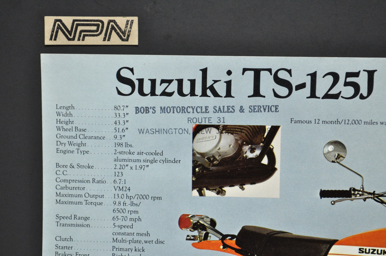 Vintage NOS 1972 Suzuki TS125 J Duster TC125 J Prospector Brochure Dealer Stamp