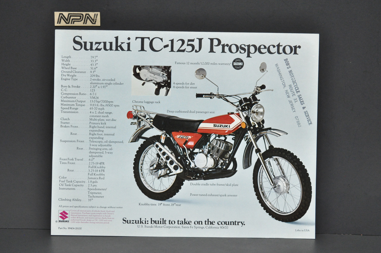 Vintage NOS 1972 Suzuki TS125 J Duster TC125 J Prospector Brochure Dealer Stamp