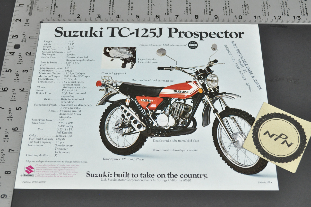 Vintage NOS 1972 Suzuki TS125 J Duster TC125 J Prospector Brochure Dealer Stamp