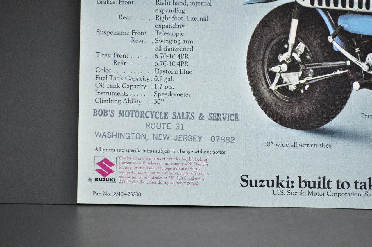 Vintage NOS 1972 Suzuki TS185 J Sierra RV90 J Rover Brochure Dealer Stamp OEM