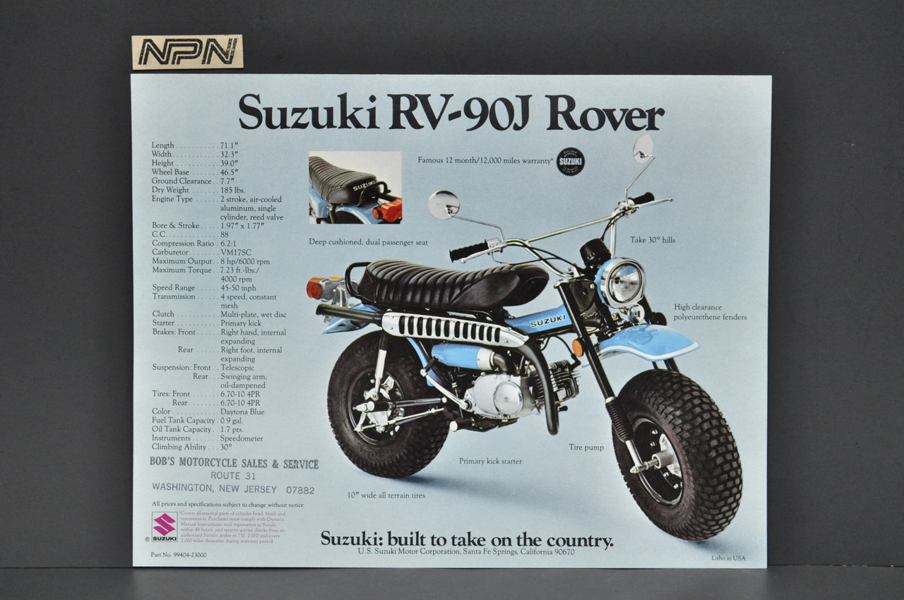 Vintage NOS 1972 Suzuki TS185 J Sierra RV90 J Rover Brochure Dealer Stamp OEM