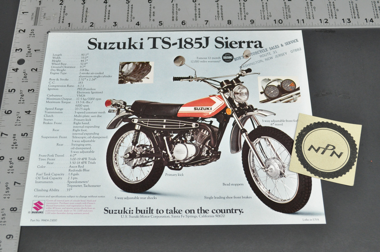 Vintage NOS 1972 Suzuki TS185 J Sierra RV90 J Rover Brochure Dealer Stamp OEM