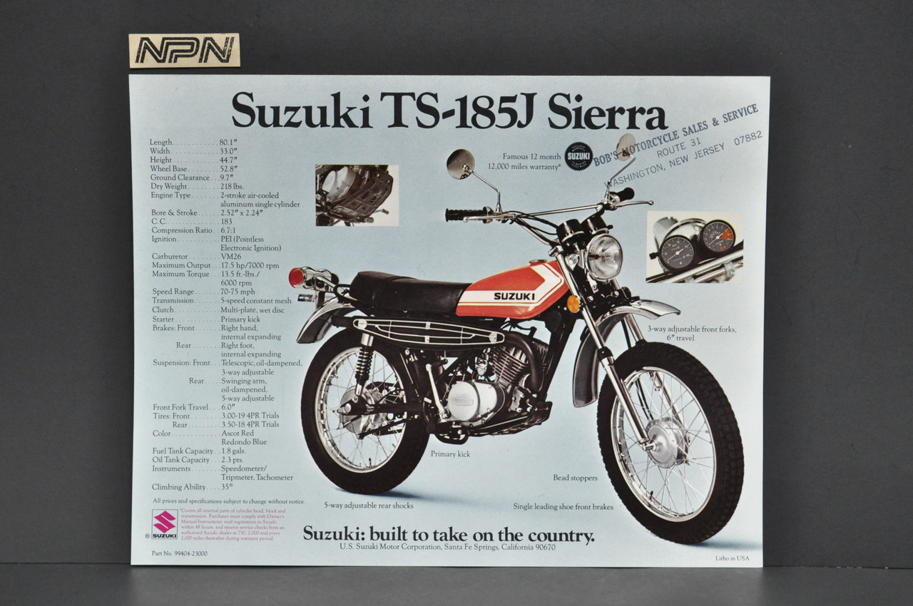 Vintage NOS 1972 Suzuki TS185 J Sierra RV90 J Rover Brochure Dealer Stamp OEM