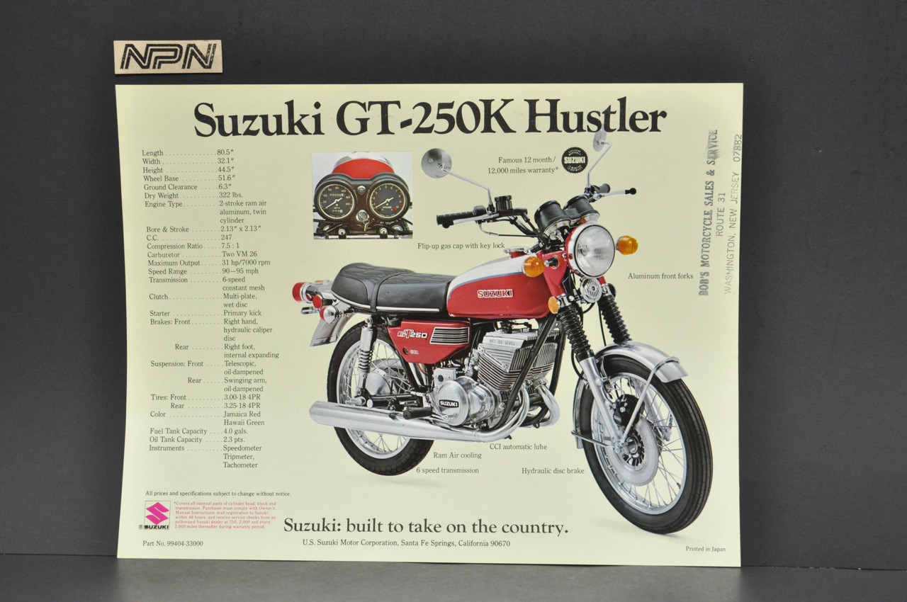 Vintage NOS 1973 Suzuki GT380 K Sebring GT250 K Hustler Brochure Dealer Stamp OEM