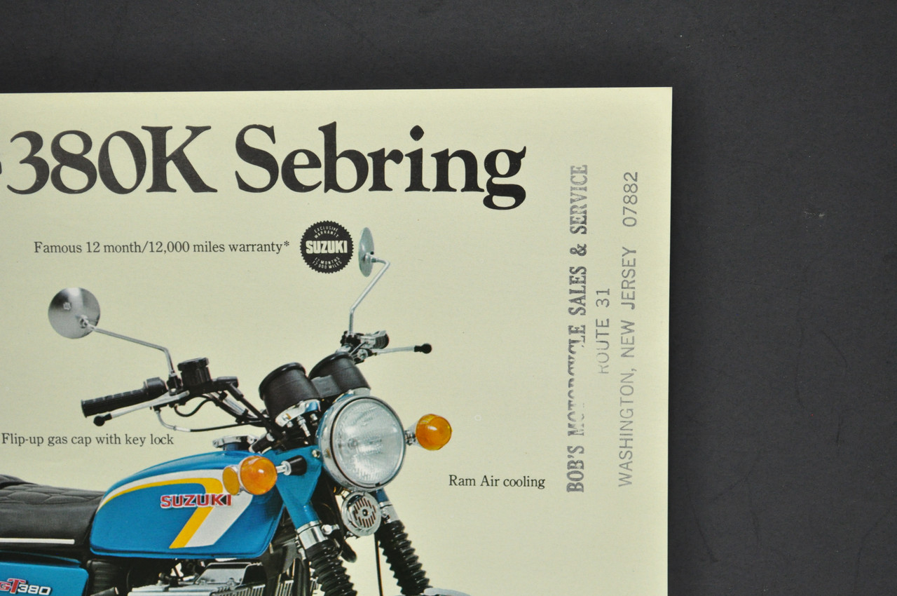 Vintage NOS 1973 Suzuki GT380 K Sebring GT250 K Hustler Brochure Dealer Stamp OEM