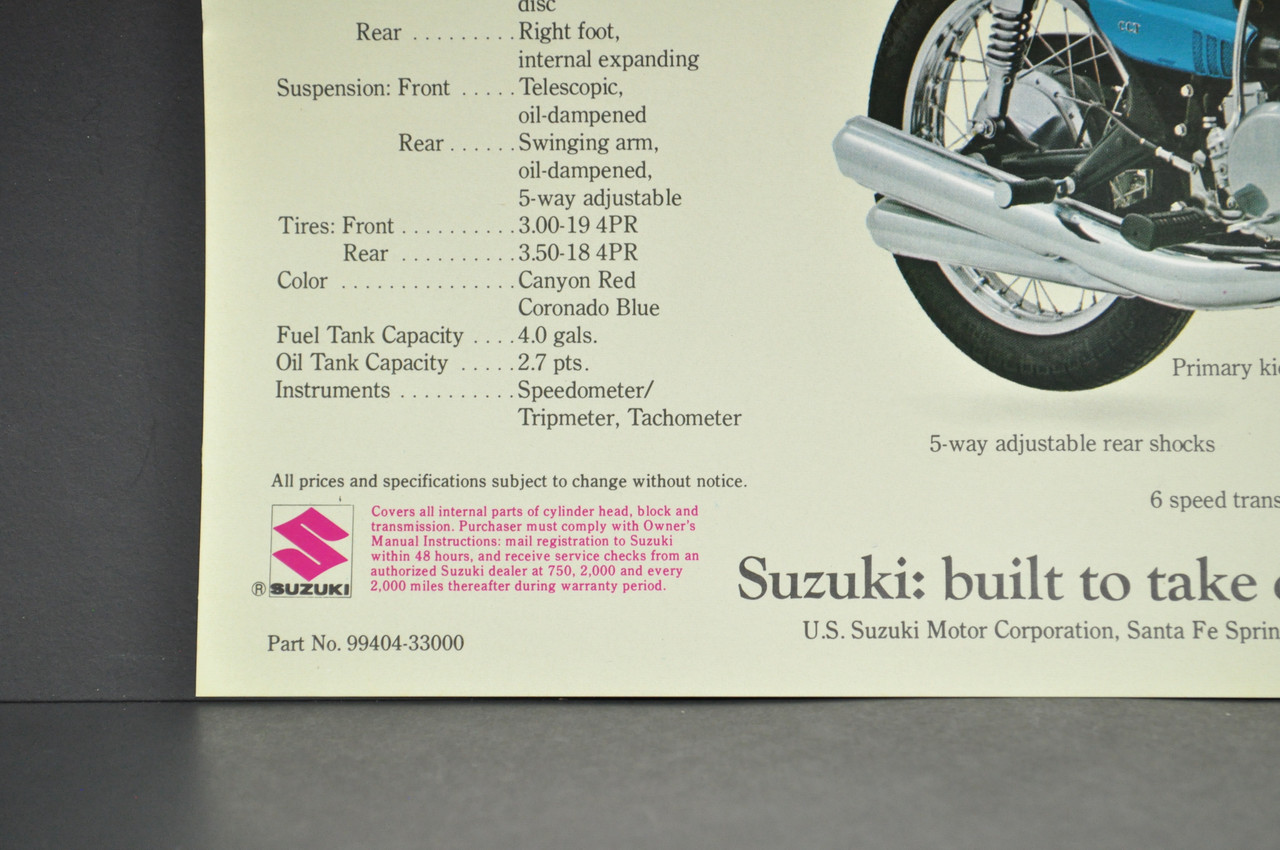 Vintage NOS 1973 Suzuki GT380 K Sebring GT250 K Hustler Brochure Dealer Stamp OEM