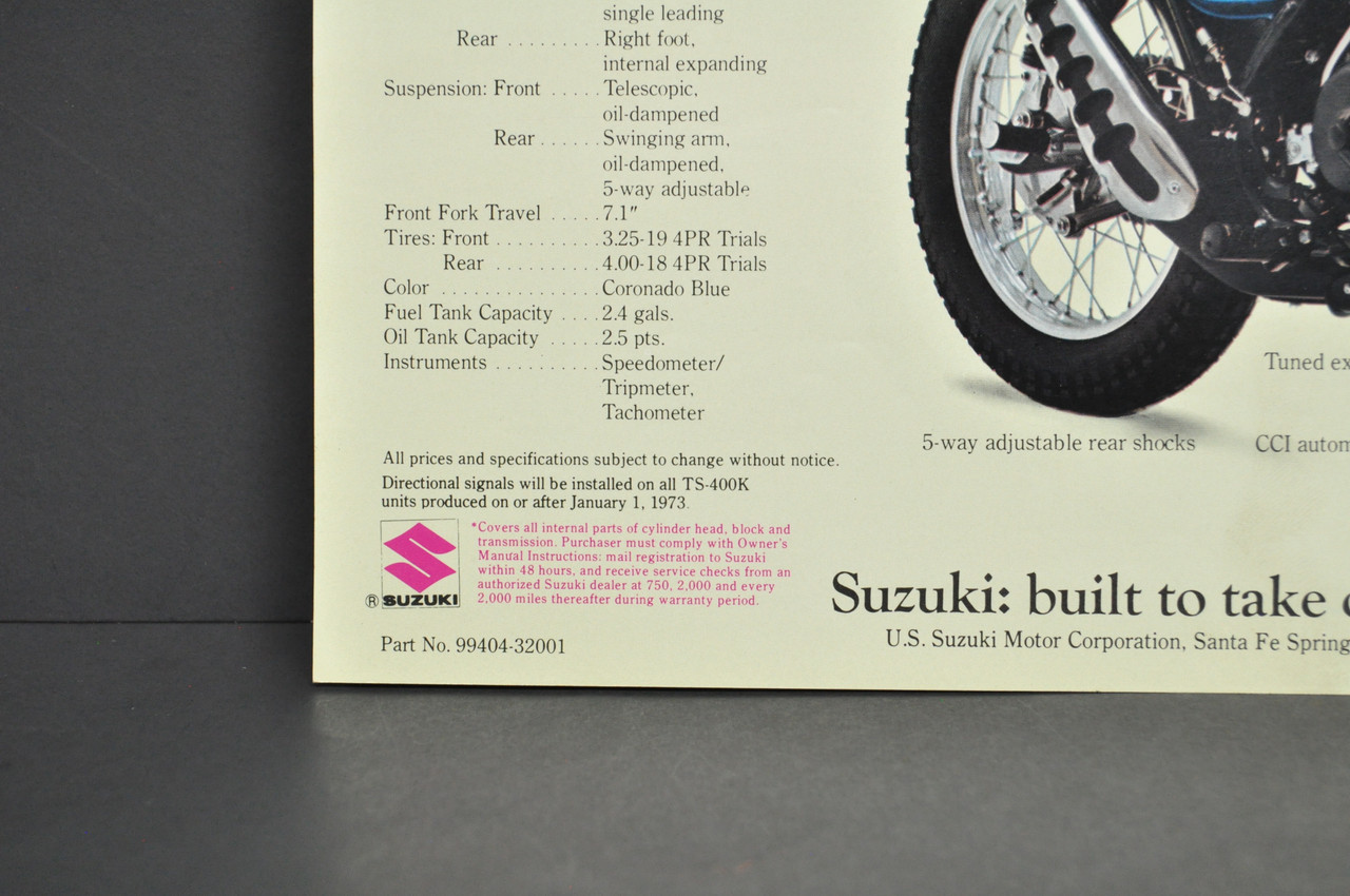 Vintage NOS 1973 Suzuki TM400 K Cyclone TS400 K Apache Brochure Dealer Specs OEM