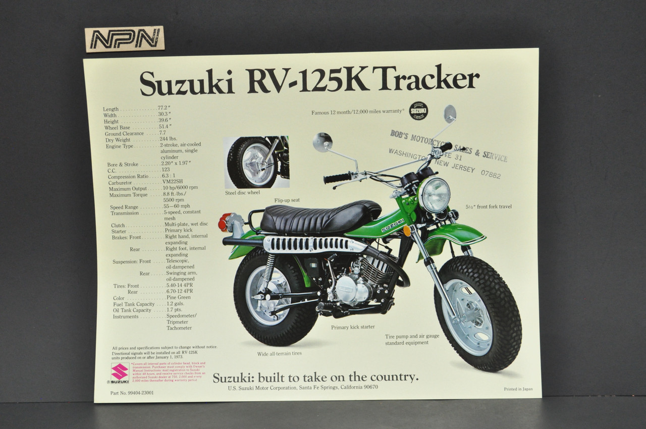 Vintage NOS 1973 Suzuki RV125 K Tracker RV90 K Rover Brochure Dealer Specs