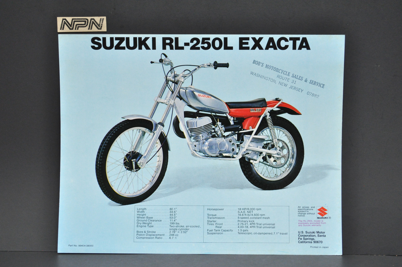 Vintage NOS 1974 Suzuki RL250 L Exacta Trials Motorcycle Brochure Dealer Specs