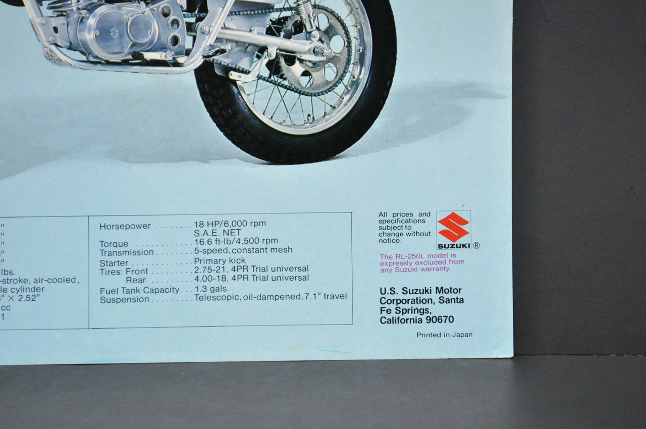 Vintage NOS 1974 Suzuki RL250 L Exacta Trials Motorcycle Brochure Dealer Specs