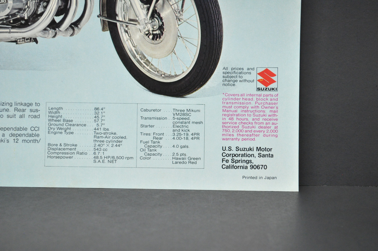 Vintage NOS 1974 Suzuki GT750 L LeMans GT550 L Indy Brochure Dealer Specs OEM
