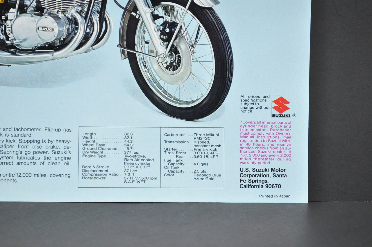 Vintage NOS 1974 Suzuki T500 L Titan GT380 L Sebring Brochure Dealer Specs OEM