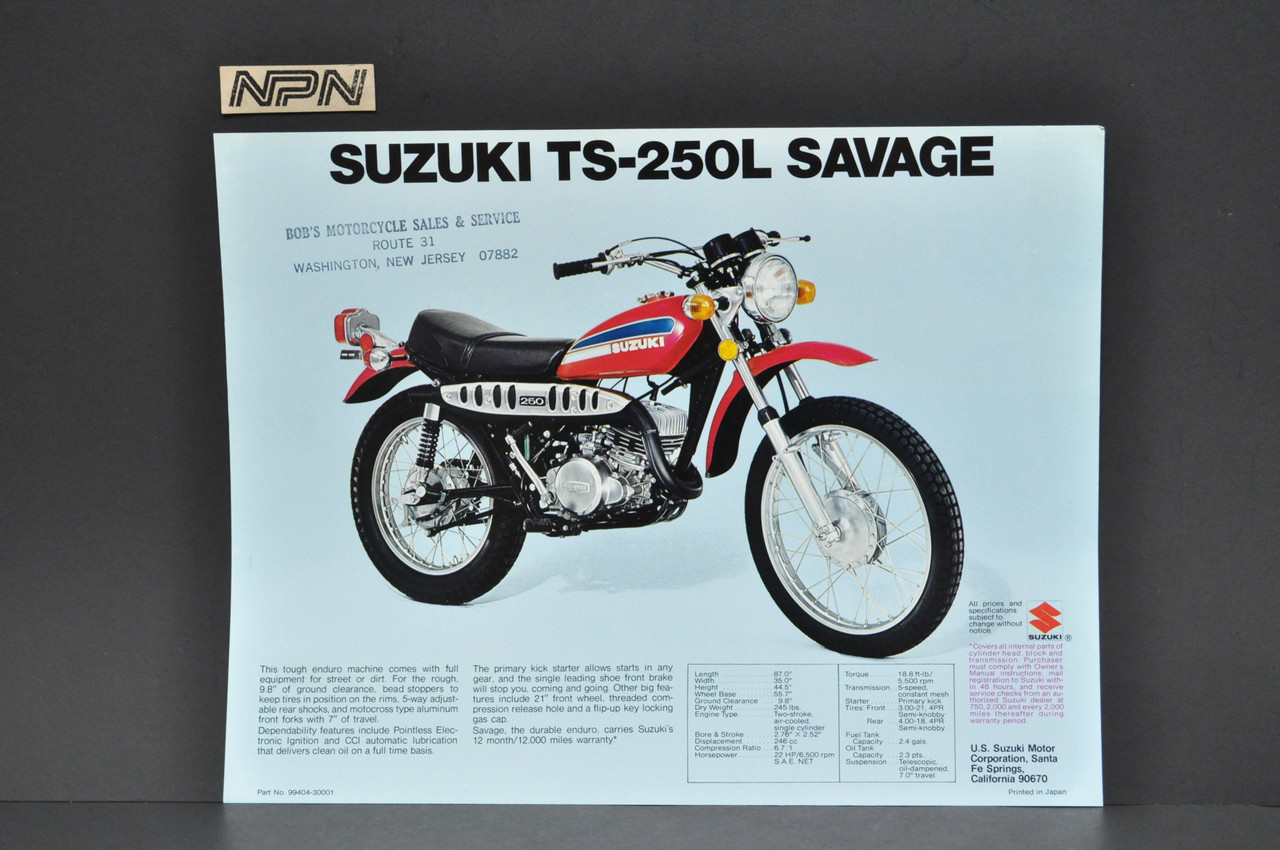 Vintage NOS 1974 Suzuki TS400 L Apache TS250 L Savage Brochure Dealer Specs OEM