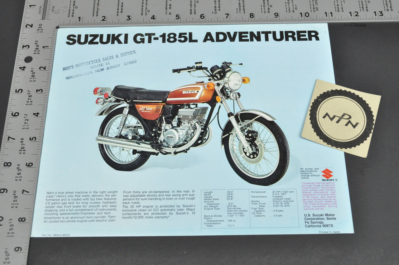 Vintage NOS 1974 Suzuki GT185 L Adventurer GT250 L Hustler Brochure Specs OEM