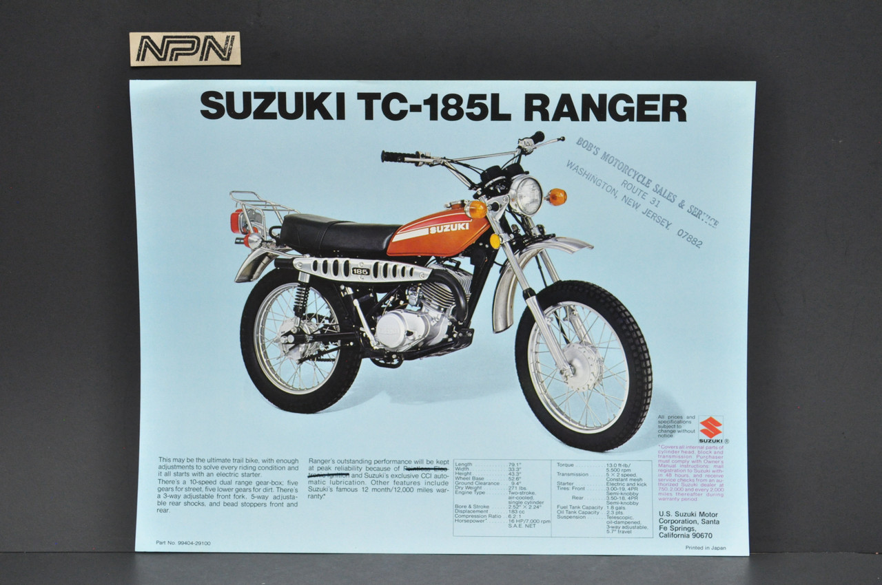 Vintage NOS 1974 Suzuki TS185 L Sierra TC185 L Ranger Brochure Dealer Specs