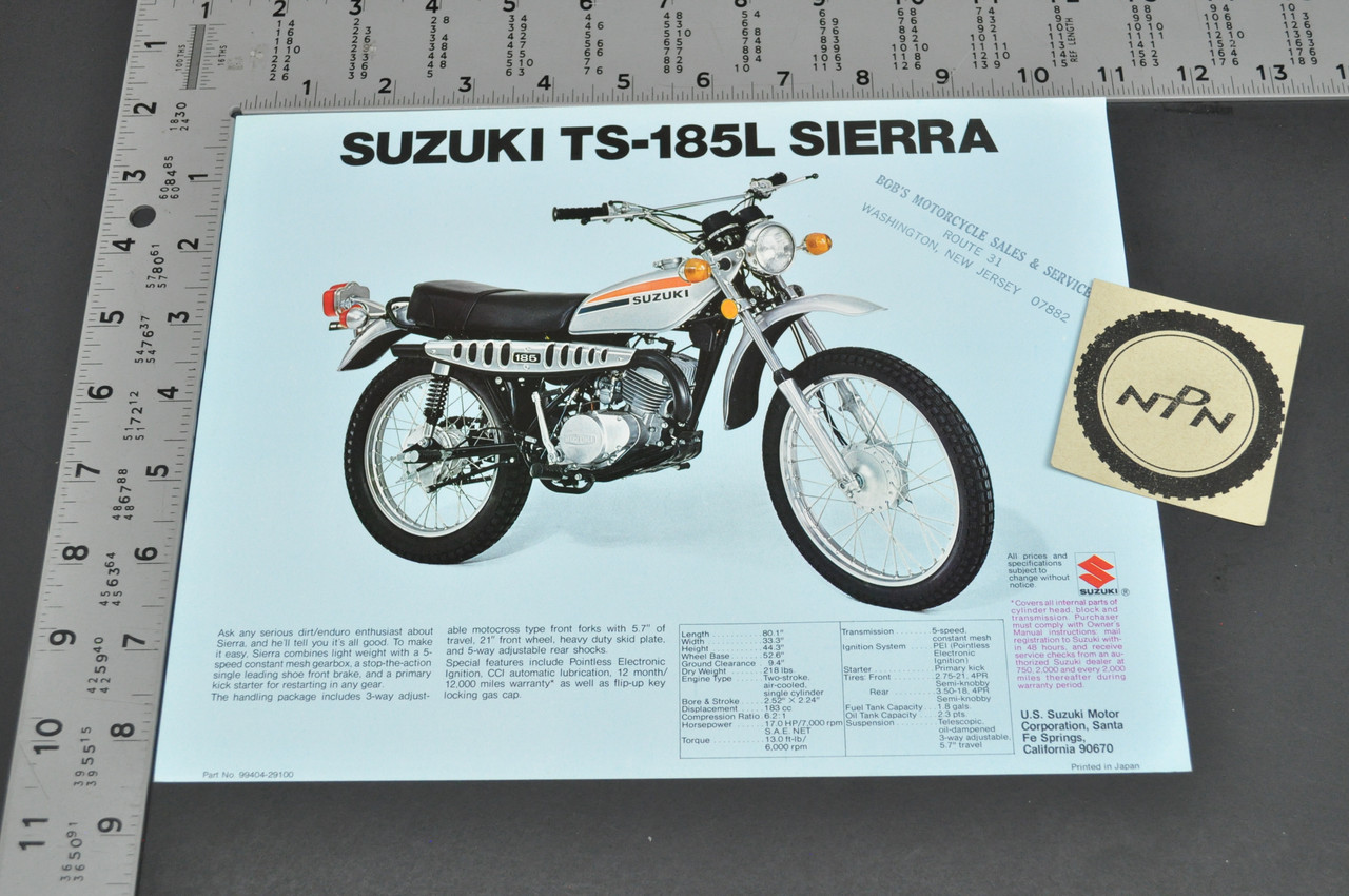 Vintage NOS 1974 Suzuki TS185 L Sierra TC185 L Ranger Brochure Dealer Specs