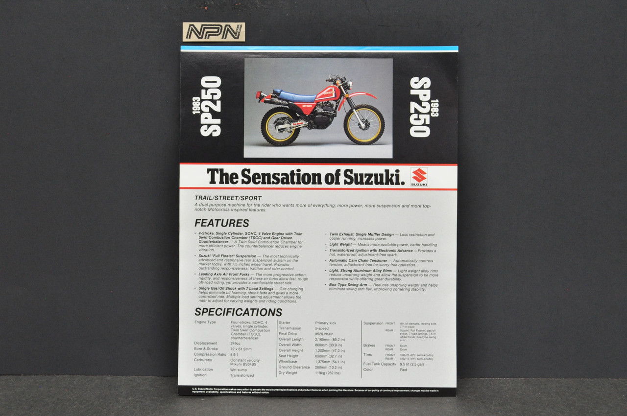 Vintage NOS 1983 Suzuki SP250 Motorcycle Brochure Dealer Spec Sheet OEM