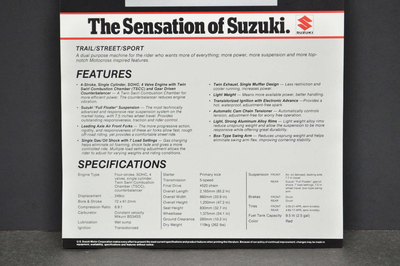 Vintage NOS 1983 Suzuki SP250 Motorcycle Brochure Dealer Spec Sheet OEM