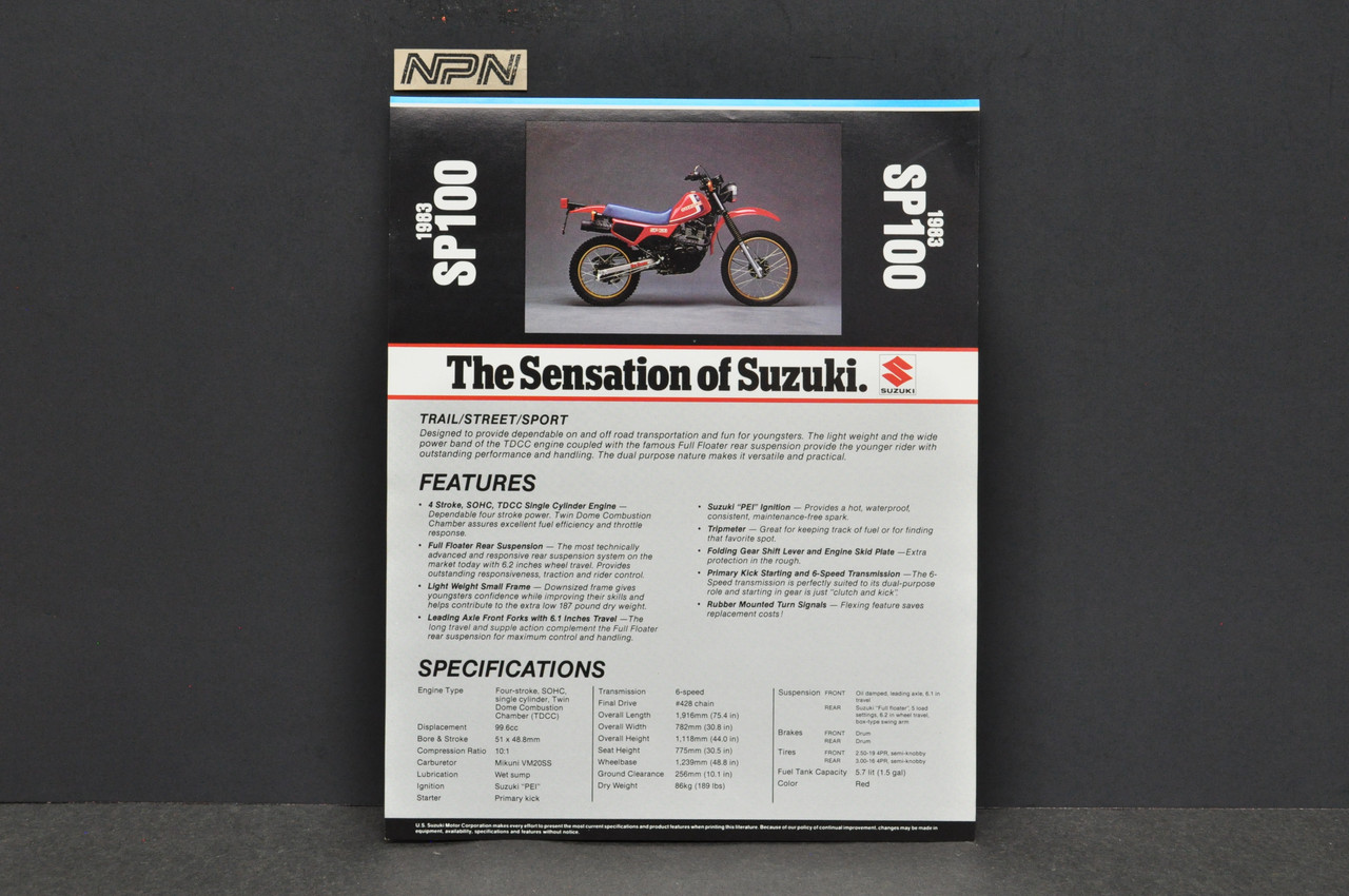 Vintage NOS 1983 Suzuki SP100 Motorcycle Brochure Dealer Spec Sheet OEM