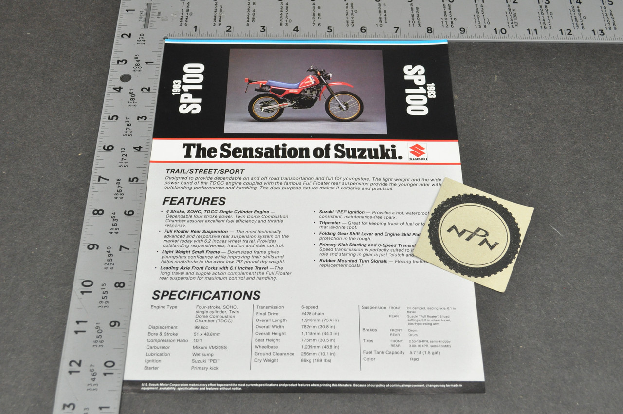 Vintage NOS 1983 Suzuki SP100 Motorcycle Brochure Dealer Spec Sheet OEM