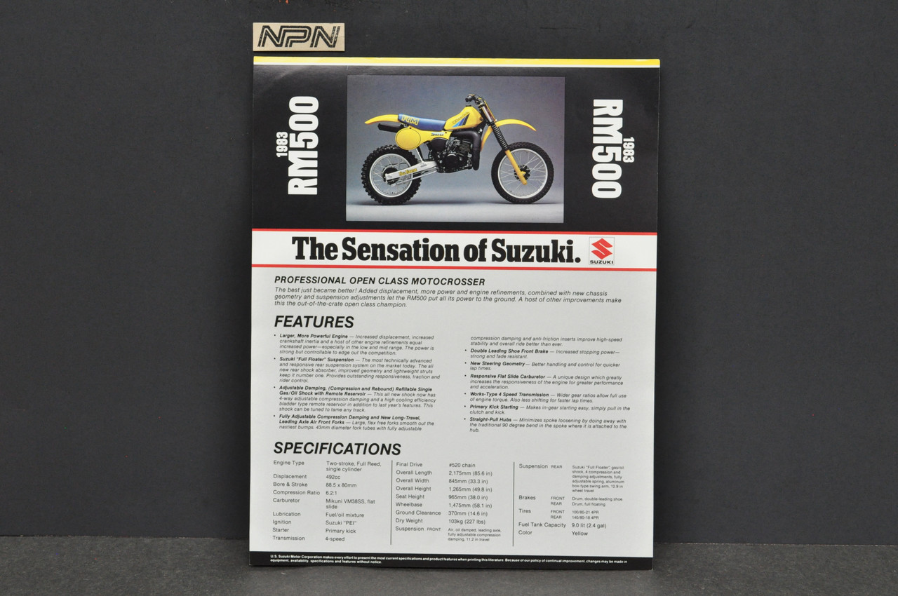Vintage NOS 1983 Suzuki RM500 Motorcycle Brochure Dealer Spec Sheet OEM